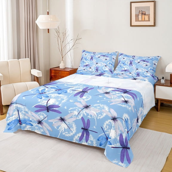 Homewish Flying Dragonflies Twin Sheet Sets 3pcs for Boys Girls,Chic Floral Dandelion Twin Fitted Sheet Microfiber,Mother'S Day Gifts Breathable Flat Sheet,Microfiber Bedroom Decor
