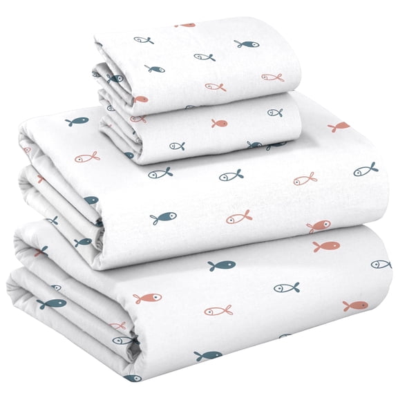 RUVANTI Flannel Sheets Full Size - 100% Cotton Double Brushed Bed Sheets Set, Deep Pockets 16 Inches, All Seasons Breathable & Extra Soft Full Sheets, Warm & Cozy, 4 Piece, Little Swimmers