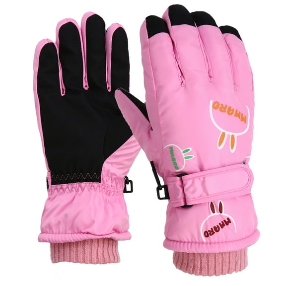 Virmaxy 8-12 Years Kids' Cartoon Print Thick Lanyard Windproof Winter Gloves with Safety Lanyard for Skiing Biking Outdoor Play
