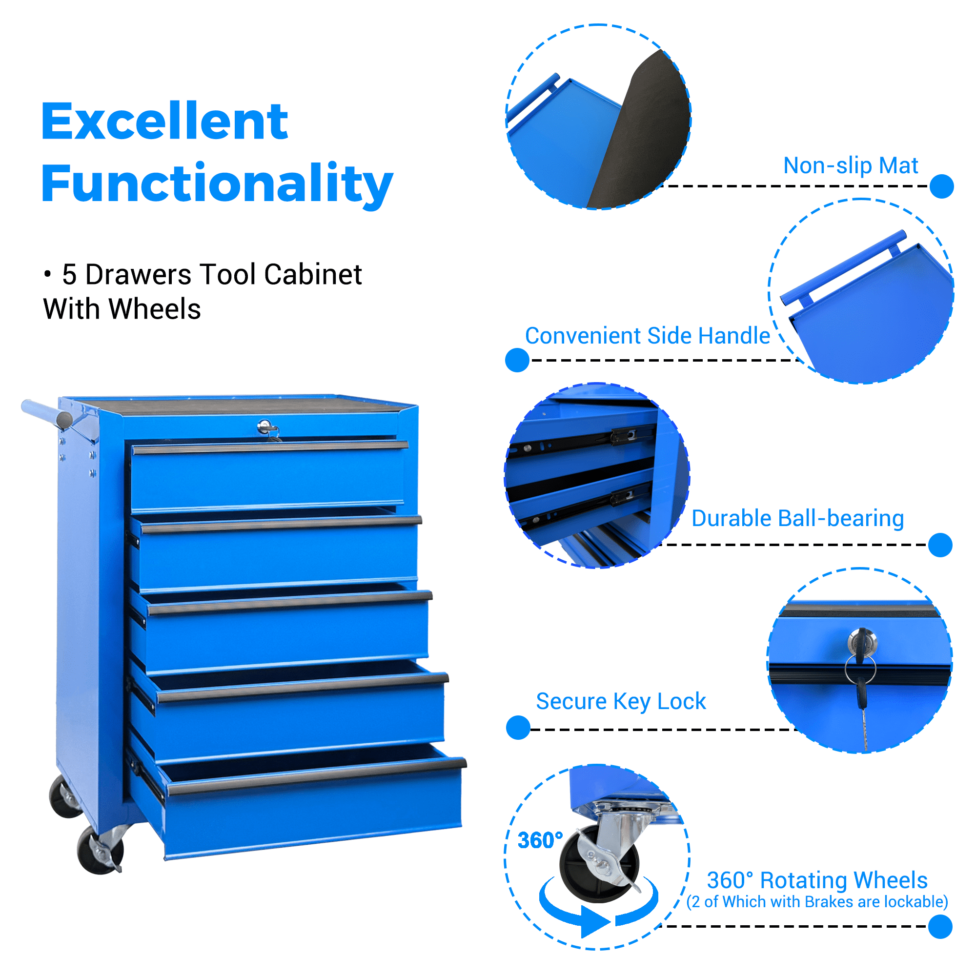 Rolling Metal Tool Chest,20 Inch 5-Drawer Tool Storage Cabinet with Lockable Casters & Steel Top Work Surface, Removable Tool Box, Mobile Tool Cart Organizer for Garage Workshop,Blue