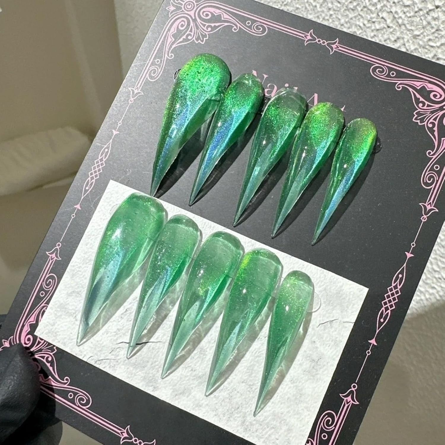 Halloween Press on Nails Green Long Cat Eye Curved Stiletto Handmade Design Stick on Nails Thick Fake Nail Dragon Cat Claw Acrylic Glue on Nail