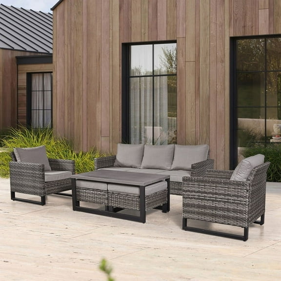 POCASSY 6 Piece Outdoor Conversation Furniture Set Wicker Sofa Seating Group with Coffee Table, Ottoman and Cushions for Backyord, Garden, Pool