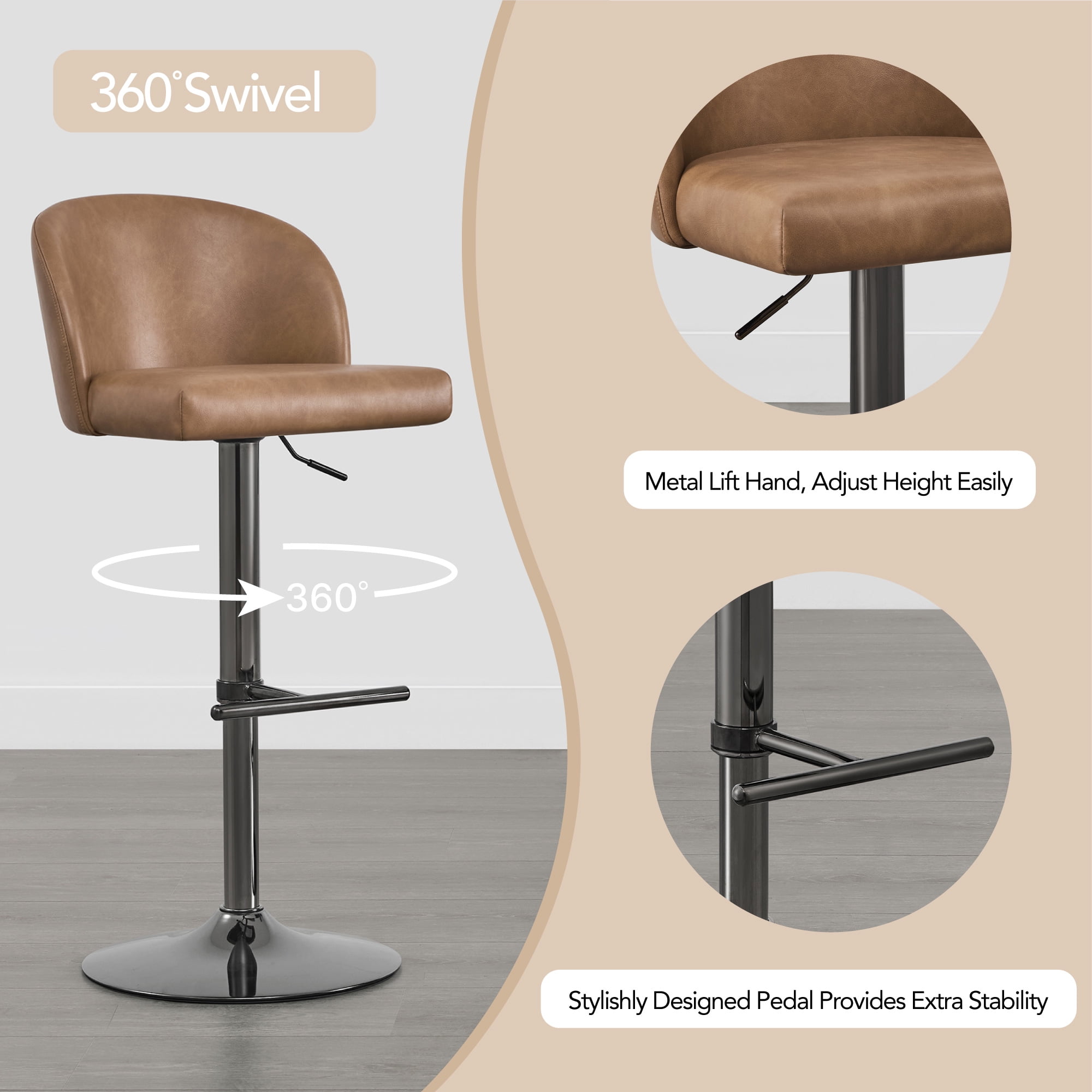 Spruce & Spring Modern Adjustable Swivel Bar Stool with Air-Lift Set of 2, Cognac with Sleek Black Frame