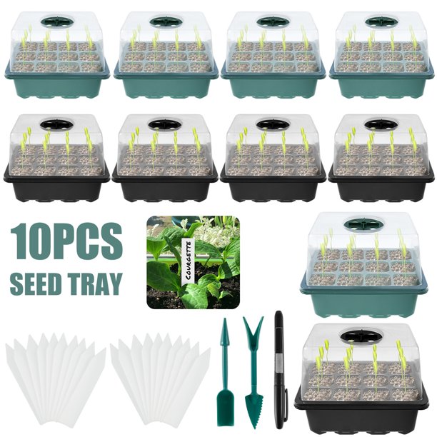 Muyoka Pluokvzr Kit de inicio de plántulas ABS 10 piezas Kit de bandeja de inicio de semillas de 12 agujeros con ventilaciones ajustables Juego de propagador de semillas multifuncional con herramienta Muyoka Hogar