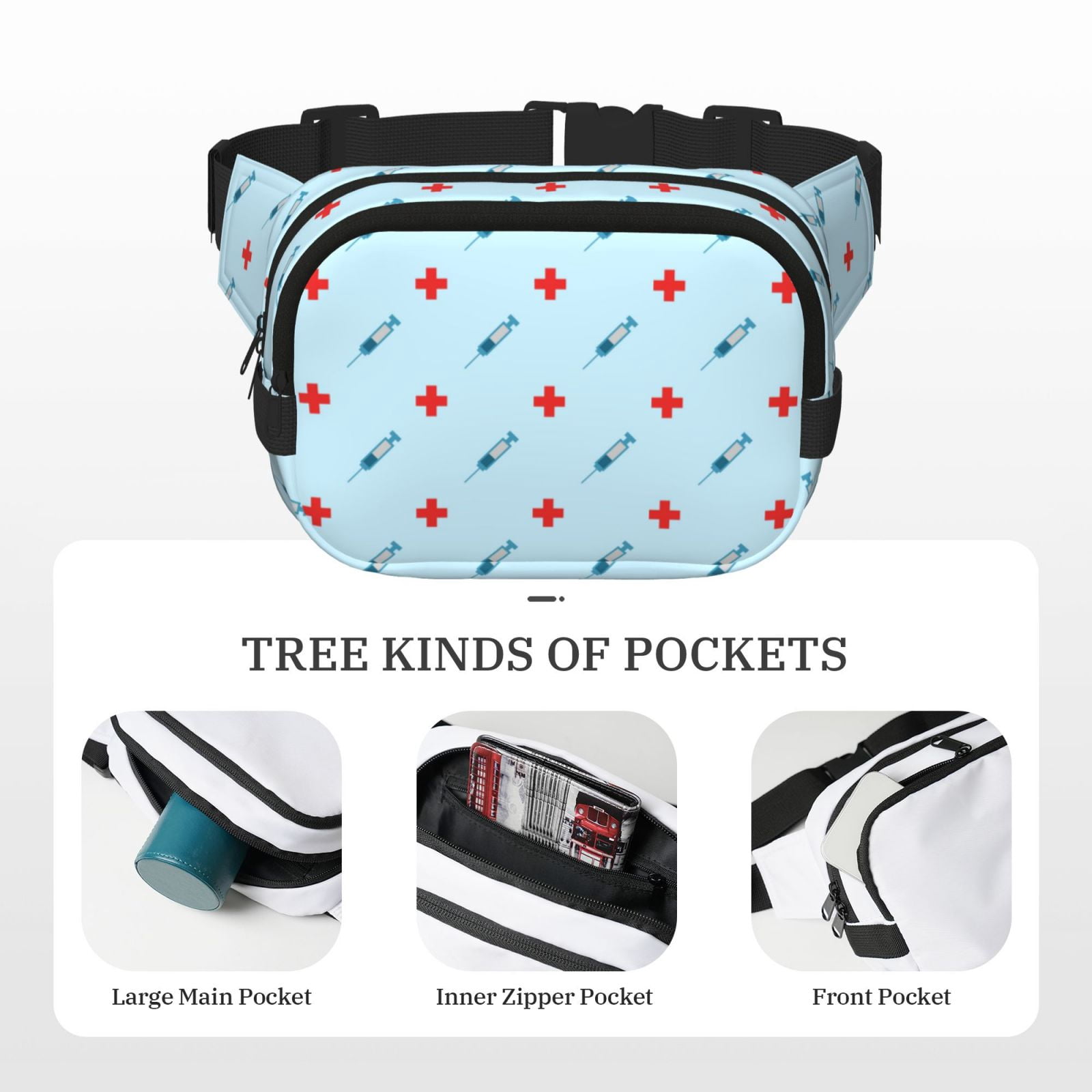 Picia Syringe And Red Cross Print Square Double-Layer Waist Bag Mini Adjustable Waist Belt Bag Exercise Running Travel Hiking