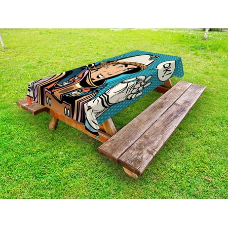 

Astronaut Outdoor Tablecloth Middle Aged Sapce Man Gesturing and Saying OK Speech Bubble Space Themed Catroon Decorative Washable Fabric Picnic Table Cloth 58 X 84 Inches Multicolor by Ambesonne