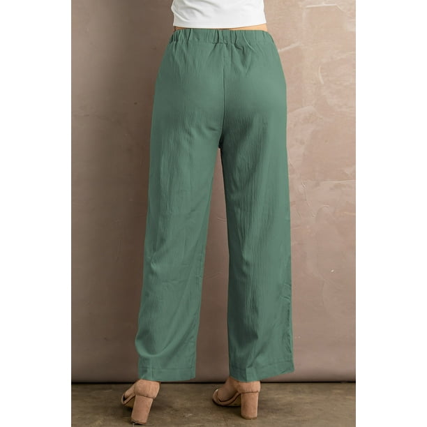 ABPHQTO Pantalones de pierna ancha arrugados con cordón en la cintura verde de mujer