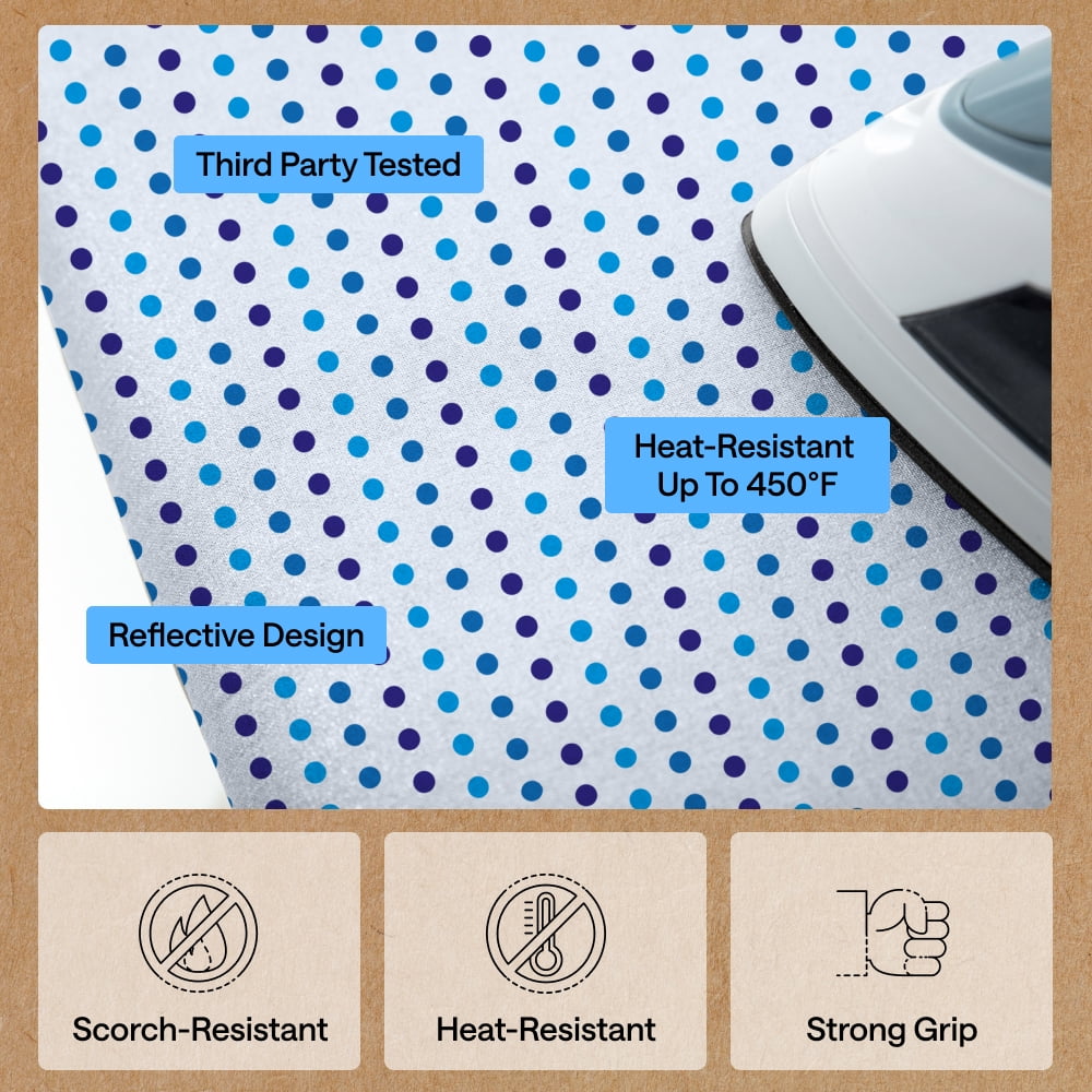 GORILLA GRIP Scorch Resistant Ironing Board Cover, Silicone Coating, Hook and Loop Fastener Strap, Blue Dots