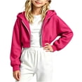 thumbnail image 2 of Gealkoca Girl's Zip Up Cropped Hoodie Crop Top Sweatshirt Drawstring Long Sleeve Jacket Kid's Solid Color Casual Zippered Hooded Sweatshirt 5-15Y, 2 of 6