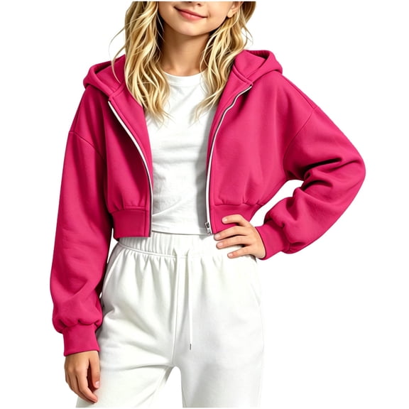 Atogsazn Kids Girls Full Zip Cropped Hoodies Casual Long Sleeve Hooded Sweatshirt Fleece Jogger Jacket Fall Tops Hot Pink 5 Years Fashion