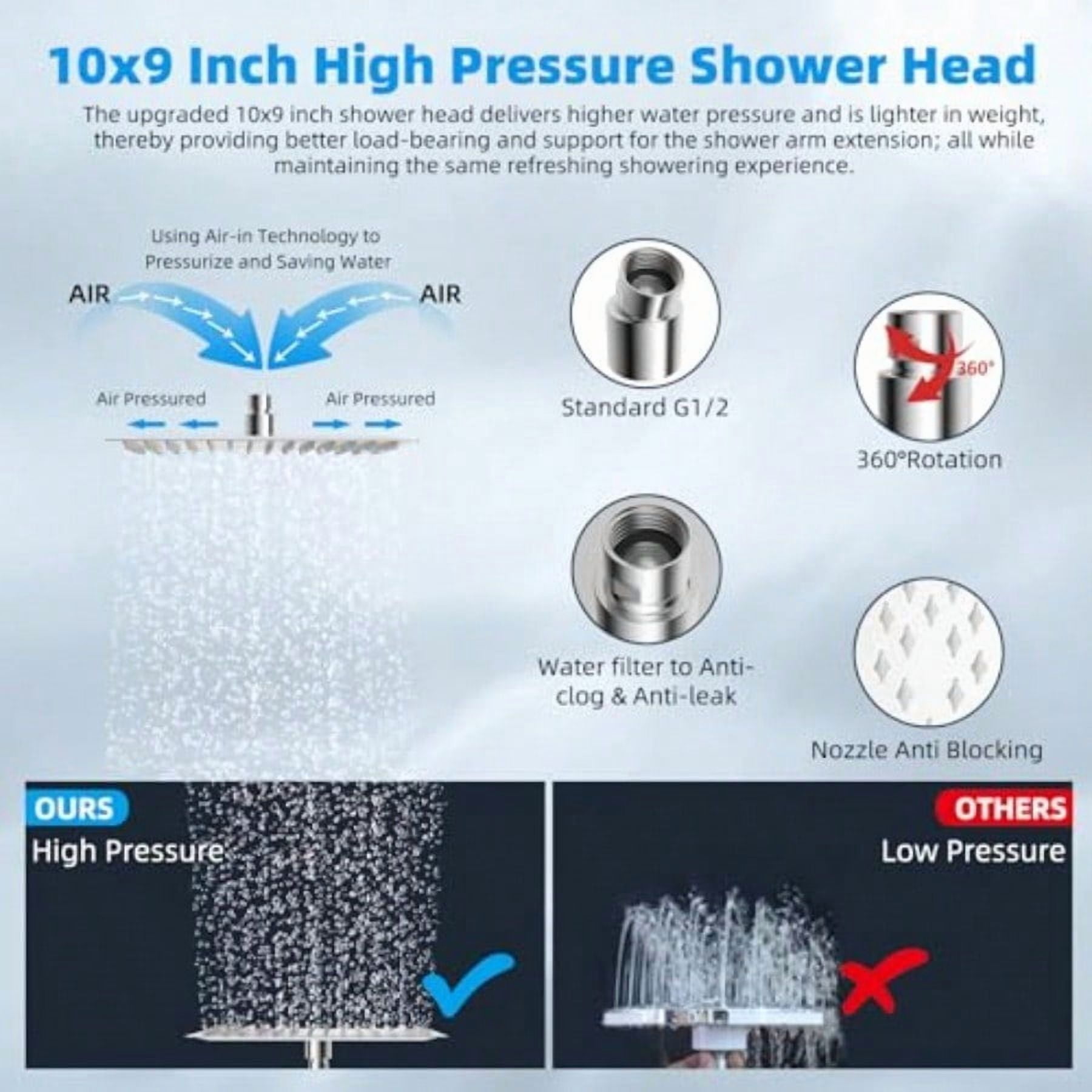 All Metal cUPC Certified Rain Shower Head 10'' High Prure Rainfall Showerhead with 16 Shower Head Extension Arm Solid Brass Adjustable Shower Arm Extender fixed Showerheads