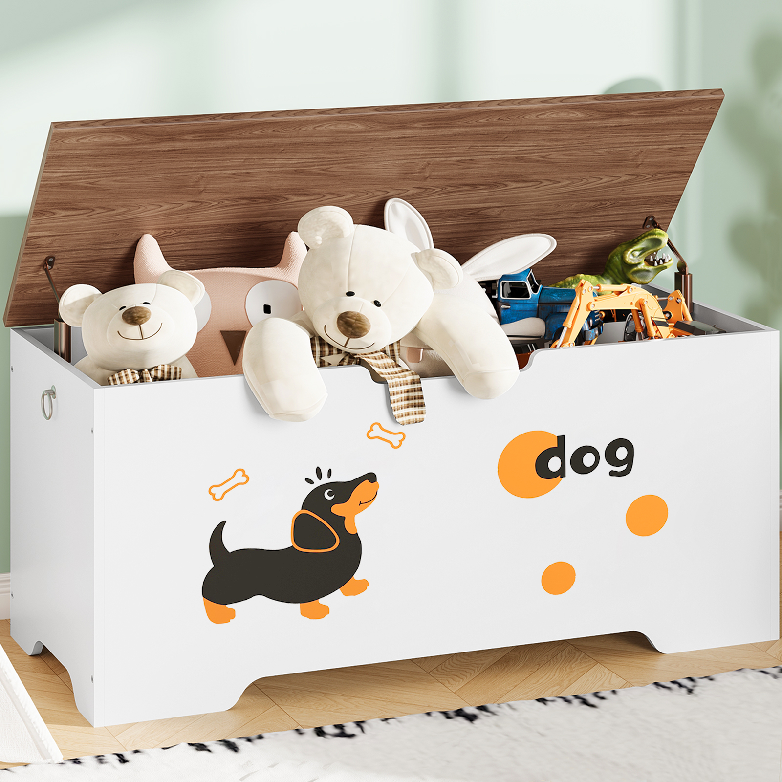 HOOBRO Toy Box Organizer Puppy Pattern Storage Bench with Storage Chest, White, 220 lb Limit