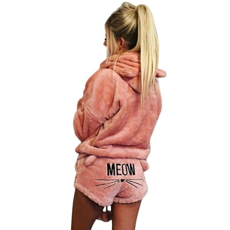 

2Pcs Women Hoodie Solid Embroidery Cat Pajamas Cute Sleepwear Winter Warm