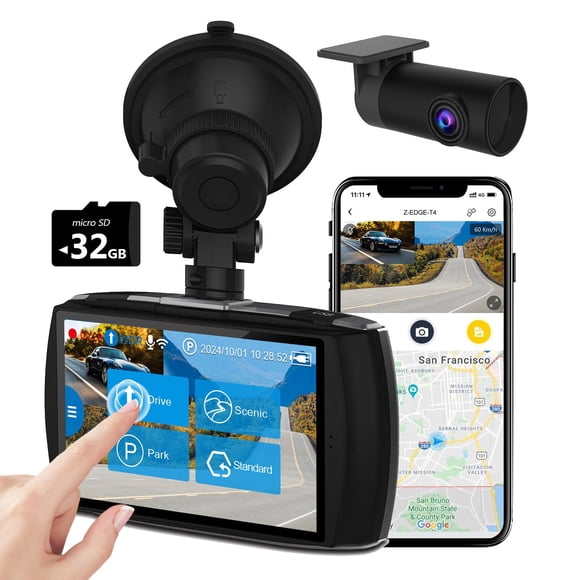 Z-Edge T4 Dash Cam Front and Rear, 4K Dual Dash cam, 2K+1080P Front and Rear, Touch Screen WiFi Car Camera, WDR, Night Vision, G-Sensor, Loop Recordi