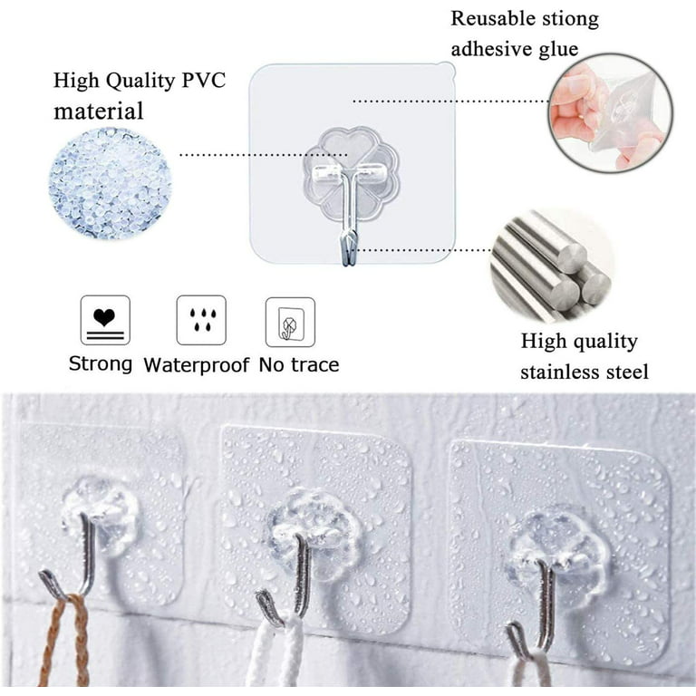 20pcs Adhesive Hooks, Heavy Duty Adhesive Wall Hooks, Transparent Waterproof Hooks for Hanging Bathroom Kitchen & Home Utilities