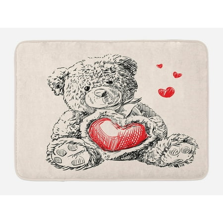 Doodle Bath Mat, Detailed Teddy Bear Drawing with Heart Instead of a Belly Mini Floating Hearts, Non-Slip Plush Mat Bathroom Kitchen Laundry Room Decor, 29.5 X 17.5 Inches, Red Black White,