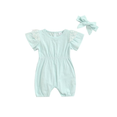 

Sunisery Infant Baby Girls 2Pcs Clothes Sets Lace Short Sleeve Round Neck Crotch Buttons Jumpsuti+Hairband Light Blue 0-3 Months