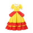 thumbnail image 3 of 2 Uds Vestido De Melocotón Para Niña Disfraz Cuello De Muñeca Manga De Burbuja Vestido Largo Cosplay Película Princesa Fiesta De Cumpleaños Navidad Halloween Baile Fiesta Vestido 2-10T Con Diadema, 3 of 4