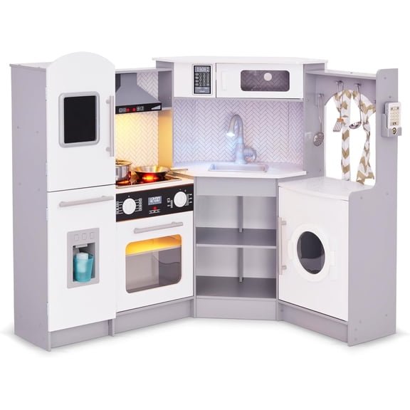 Lil' Jumbl Kids Kitchen Playset Corner Wooden with Stovetop and Faucet, Gray, 1-Count