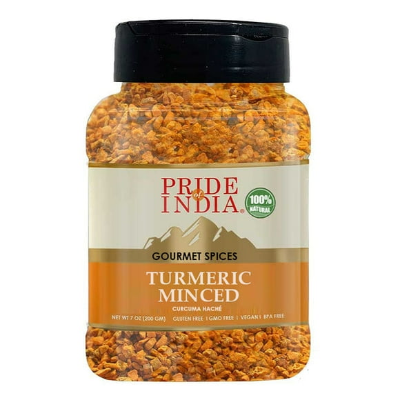 Pride Of India- Gourmet Turmeric Minced Whole- 2.8 oz (79.3gm) Small Dual Sifter Jar- An Exquisite Spice, known for its Beautiful Golden Color and Ayurvedic Properties- GMO Free Vegan