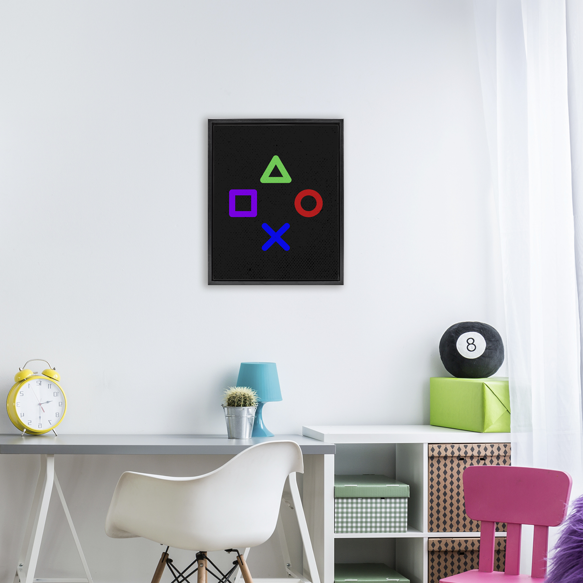 Game Button Shapes Black Framed Floater Canvas Wall Art, design by Kim Allen