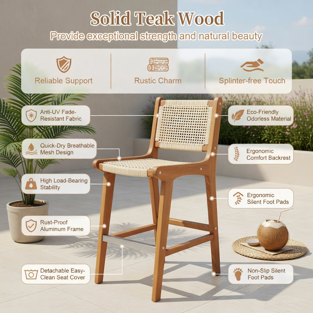 Hommoo Outdoor Counter Height Bar Stool, Teak Wood Frame with Hand-Woven Natural Rattan Seat, 26" Seat Height, Rustic Boho Patio & Kitchen Island Chair, Natural