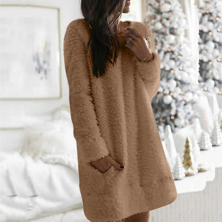 Lovskoo Womens Fuzzy Fleece Lounge Dress Tunic Pullover Long Sherpa Dress Solid Color Sweatshirts Oversized Fluffy Dress with Pockets Coffee