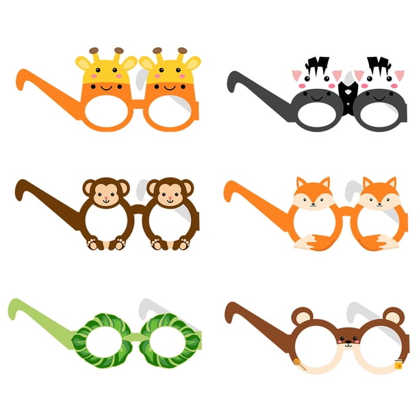 12 gafas de sol de animales de la selva, recuerdos para fiestas de cumpleaños, gafas de papel de animales de dibujos animados, accesorios para fotomatón, suministros para fiestas con temática de bos