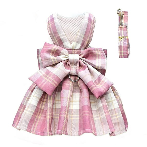 Plaid Dog Dress Bow Tie Harness Leash Set for Small Dogs Cats Girl Cute Princess Dog Dresses Spring Summer Puppy Bunny Rabbit Clothes Chihuahua Yorkies Pet Outfits