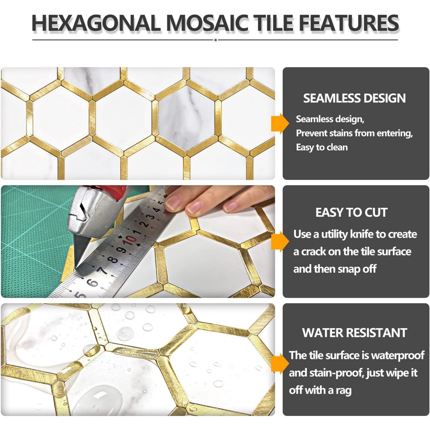 10-Sheet Hexagon Tile Peel and Stick Backsplash, White Marble Look PVC Mixed Golden Metal Mosaic Tiles for Kitchen and Bathroom