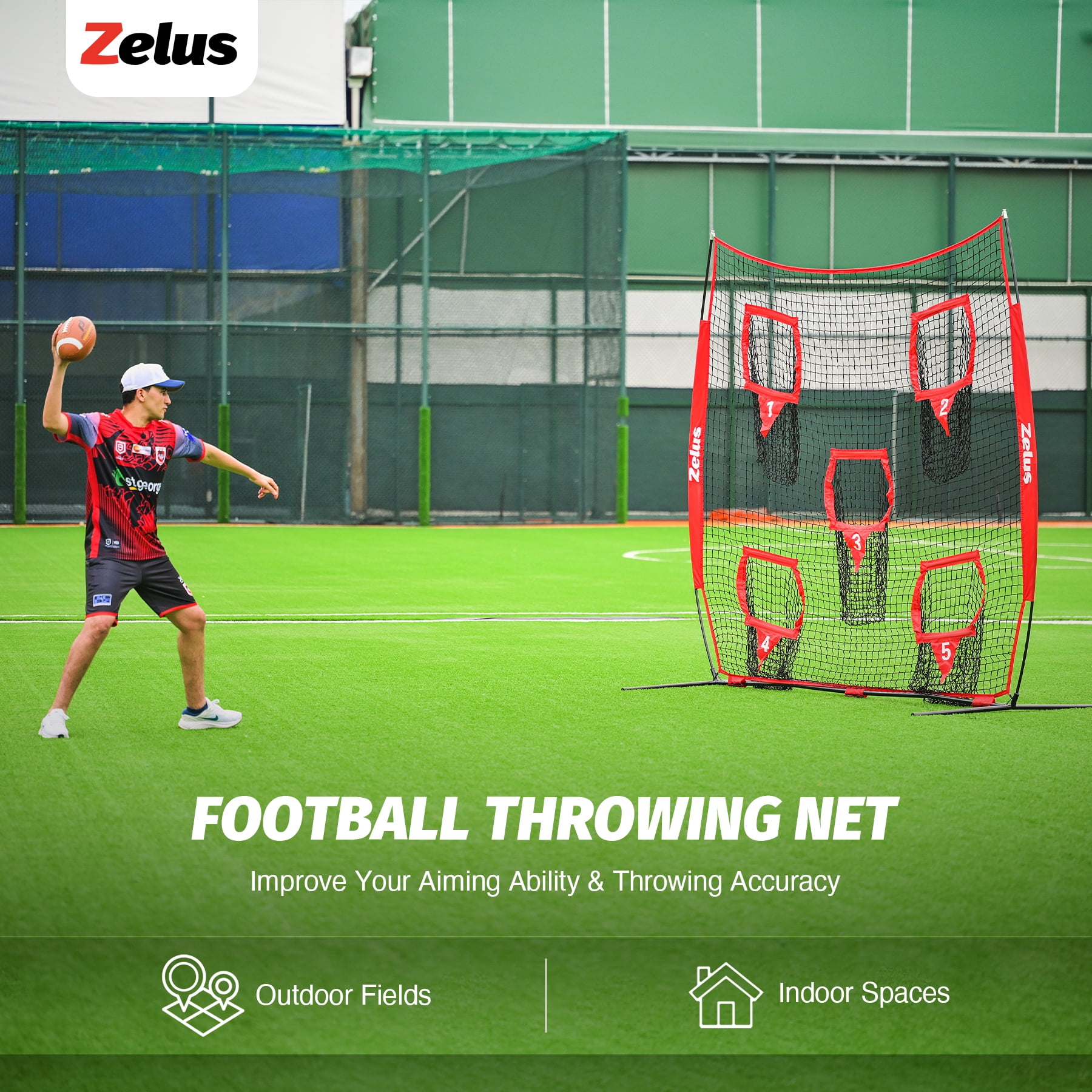 7x7ft Football Throwing Net with 5 Targets - Quarterback Training Gear for All Ages, Includes Carry Bag & Stakes, Red