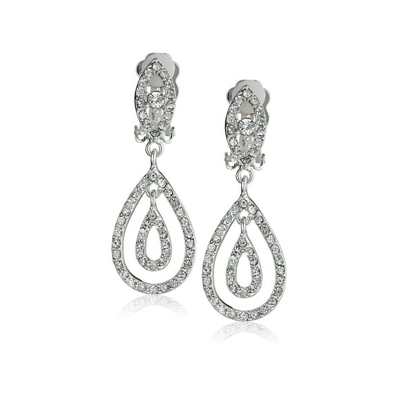 Silver Crystal Rhinestone Two Layer Teardrop Pear Shaped Dangle Clip Earrings Tipped with Eye Shape