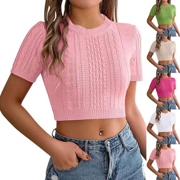 Olyvenn Womens Cable Knitted Crop Tee Shirts Casual Summer Short Sleeve Sweater Tops Comfy Crew Neck Cute Blouse Green S