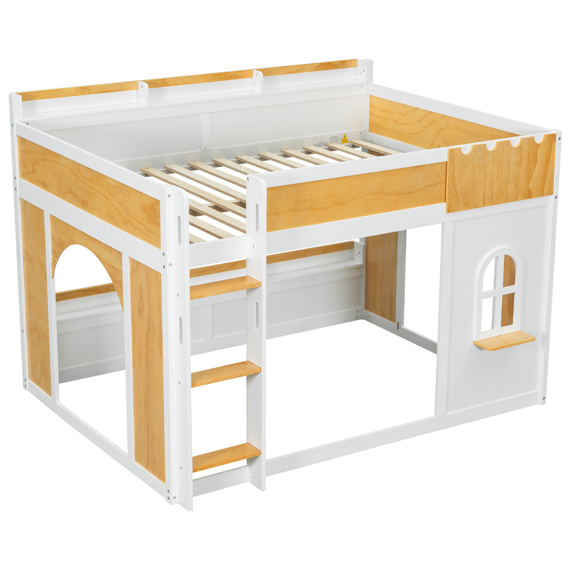 Euroco Wood Full over Full Bunk Bed with Storage Shelves, House Shaped Design Loft Bed, White & Natural
