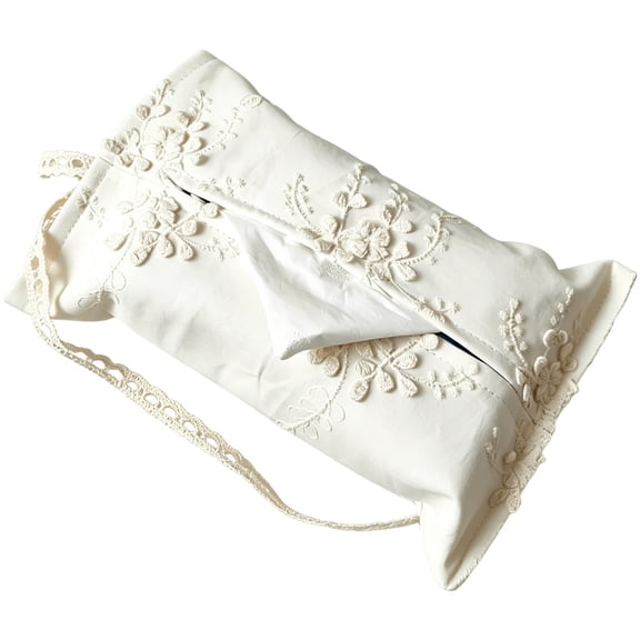 Cotton Tissue Box Cover with Lace Flower Embroidery, Double-Layer Facial Decorative Aesthetic Tissue Cover for Car, Home, Dresser, Bathroom, Office, Cream White