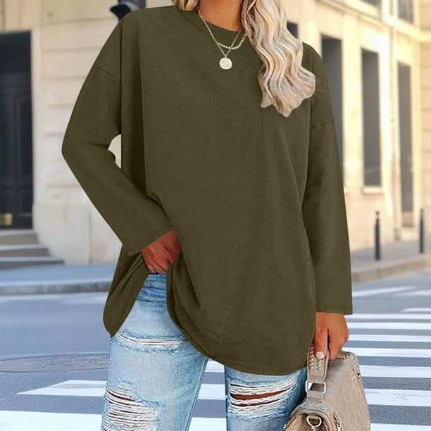 Uootdi Women's Plus Size Tops Crewneck Long Sleeve Sweatshirt Oversized Casual Loose Fit Basic T Shirts Blouse Gift