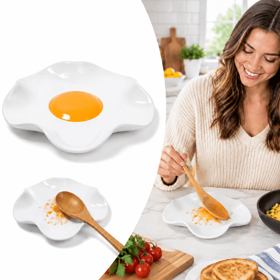 Cute Ceramic Fried Egg Spoon Rest, Large Raised Edge Utensil Holder for Spoons and Spatulas, Dishwasher-Safe Fun Kitchen Counter and Stove Decor Gift
