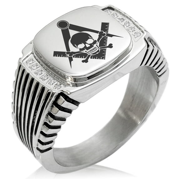 Stainless Steel Freemasons Masonic Skull & Crossbones CZ Ribbed Needle Stripe Pattern Biker Style Polished Ring