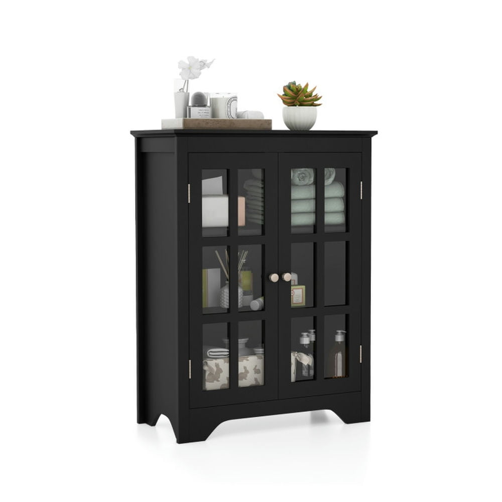 Finihen Storage Cabinet, Floor Cabinet, Freestanding Display Storage Cabinet with 2 Glass Doors and Adjustable Shelves, for Bathroom, Living Room, Bedroom, Kitchen, Black