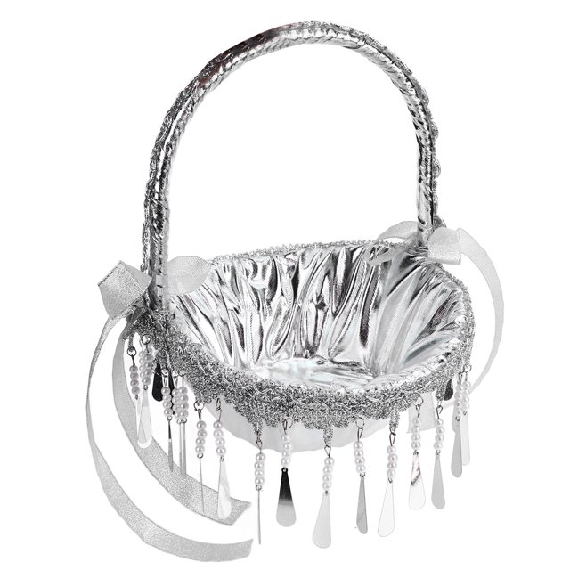 Cesta de flores de boda para niña, cesta de flores de mano plateada, cesta romántica de flores con diamantes de imitación y encaje M