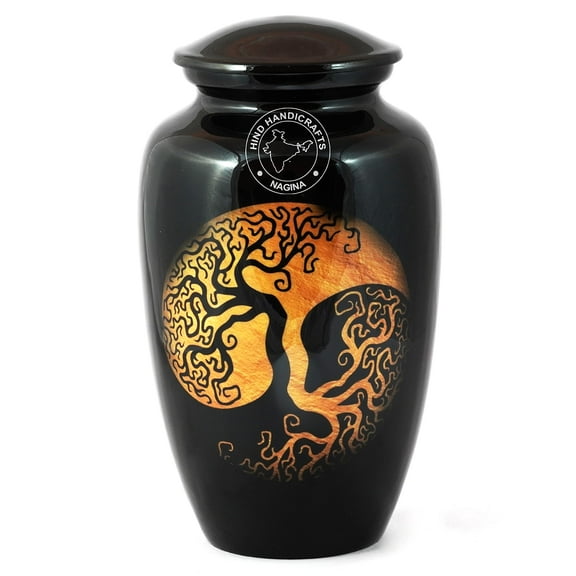 Aluminium Cremation Urn for Human Ashes - Adult Funeral Urn Handcrafted - Affordable Memorial Urn for Ashes - BAG INCLUDED (Golden Tree, 200 Cubic Inches)