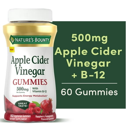 Nature's Bounty Apple Cider Vinegar Gummies Dietary Supplement, Raspberry Pomegranate Flavor, 500 Mg, 60 Count