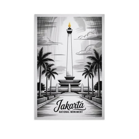 Jakarta National Monument Ink Sketch Poster Hand Drawn Vintage Travel Indonesia Wall Art Print Poster