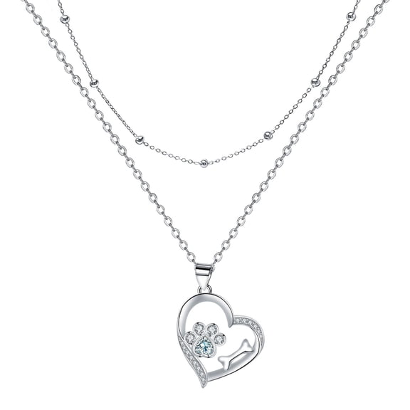 925 Sterling Silver Dog Paw Print Necklace for Women, Puppy Paw & Bone Pendant with Layered Chain for Pet Lover Jewelry Gift for Dog Mom Pet Owner