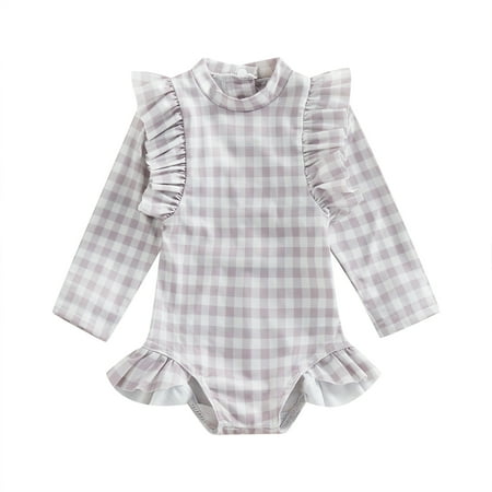 Elippeo Baby Kids Girls Bikini Swimsuit 6M 18M 24M 3Y 4Y Sweet Long Sleeve Crew Neck Floral/Plaid Summer Swimsuit for Beach Kids Bathing Suit