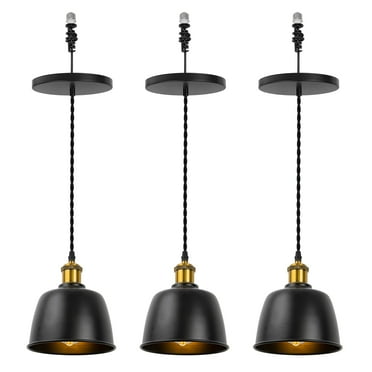 KAYYELAMP 3-Pack Black Metal Shade Hanging Light E26 Brass Finish Base Adjustable Height Droplight Vintage Design Pendant Light for Kitchen Island Sink Home