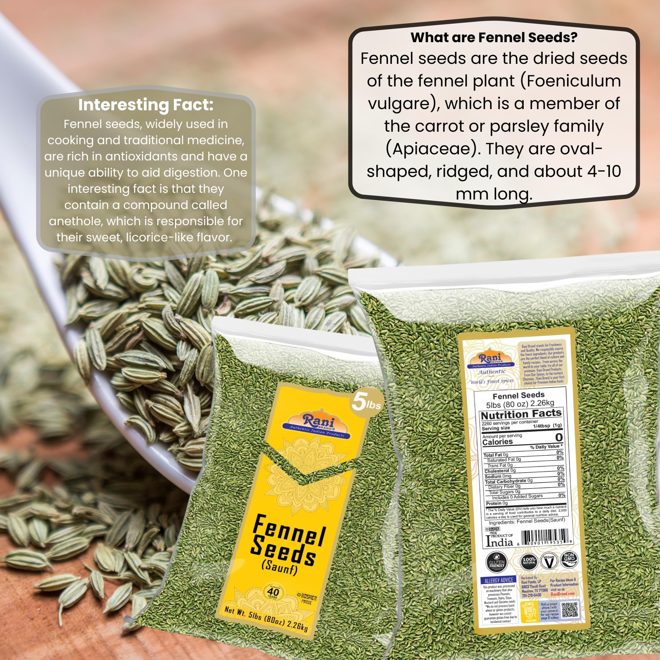 Rani Fennel Seeds (Saunf Sabut) Whole Spice 80oz (5lbs) 2.27kg Bulk ~ All Natural | Gluten Friendly | NON-GMO | Kosher | Vegan | Indian Origin