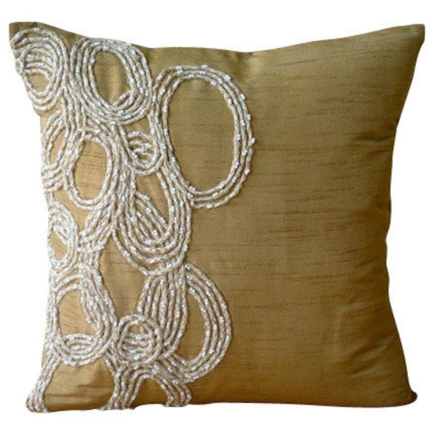 Fundas de cojín, fundas de almohada decorativas doradas de 40 x 40 cm (16 x 16 pulgadas) cuadradas, cojines de seda para sofá, diseño geométrico, anillos ovalados, cordón de yute, perla, manta de