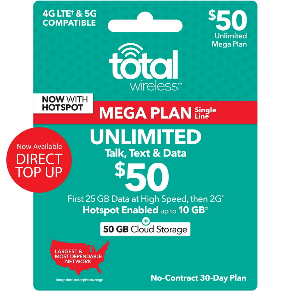 Total Wireless 50 Mega UNLIMITED 30Day Prepaid Plan (25GB at High