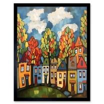 Multicoloured Row Of Houses With Autumn Trees Contemporary Folk Art Painting Art Print Framed Poster Wall Decor 12x16 inch